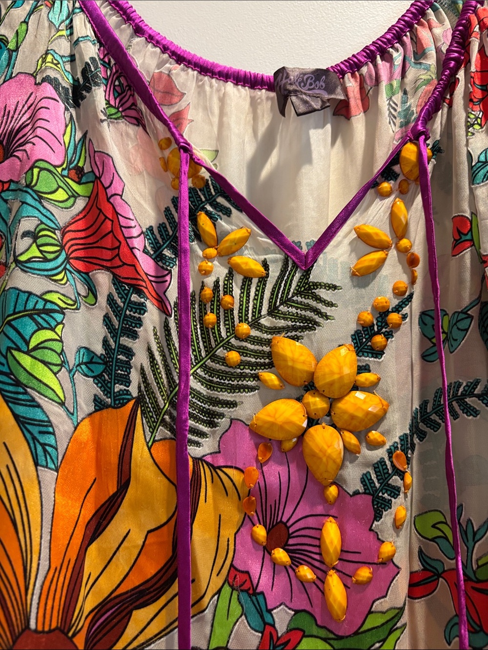 Hale Bob Multicolor Floral Beaded Oversized Peasant Tunic Silk Top Medium - Picture 3 of 7